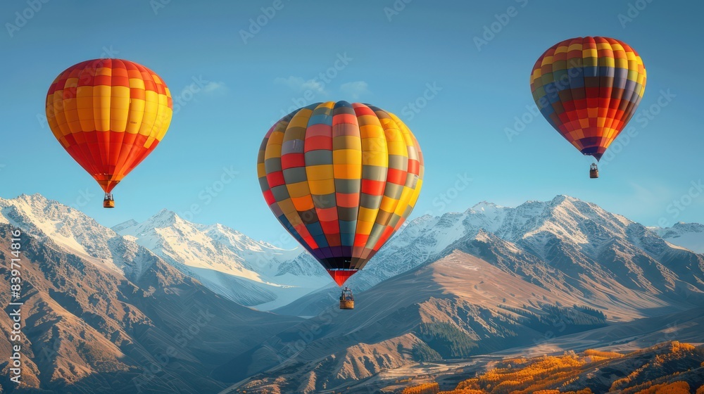 Fototapeta premium Three colorful hot air balloons float over majestic snowy mountains under a clear blue sky, depicting a serene adventure