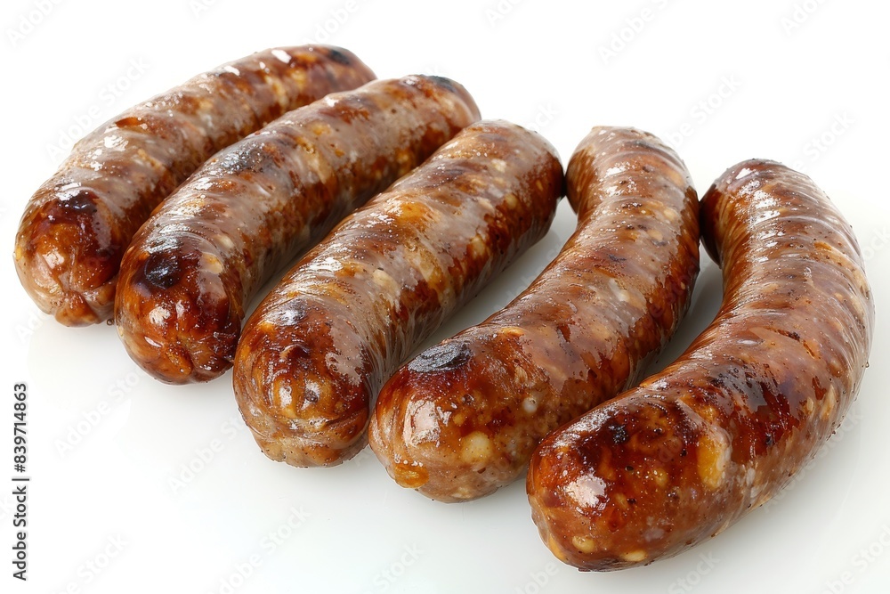 Grilled sausages arranged on a white plate, highlighting their juicy texture and smoky flavor, ideal for a barbecue feast