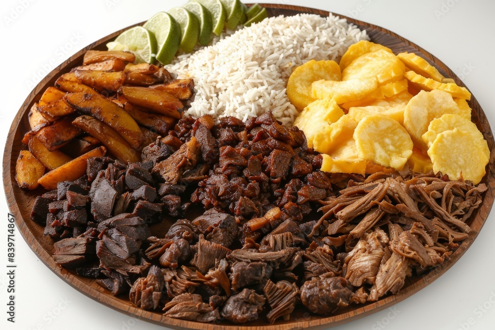 Hearty meal of beef, potatoes, and rice on a white plate, showcasing a traditional and satisfying culinary experience Hearty meal of beef, potatoes, and rice on a white plate, showcasing a traditional and satisfying culinary experience