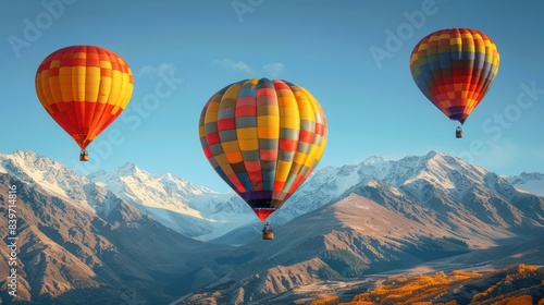 Three colorful hot air balloons float over majestic snowy mountains under a clear blue sky, depicting a serene adventure
