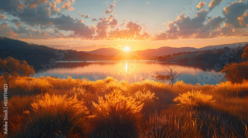 A sprawling nature brushland with low-lying shrubs and open spaces, the sunlight creating a warm glow across the landscape photo