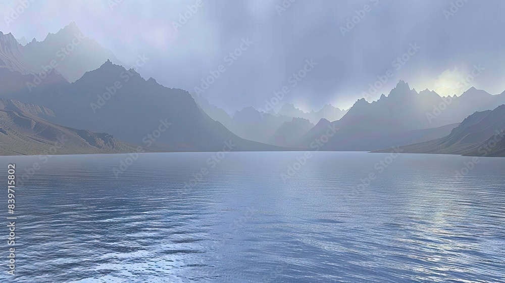 A vast expanse of water stretches out before a majestic mountain range rises in the distance, with wisps of cloud scattered across the sky A vast expanse of water stretches out before a majestic mountain range rises in the distance, with wisps of cloud scattered across the sky