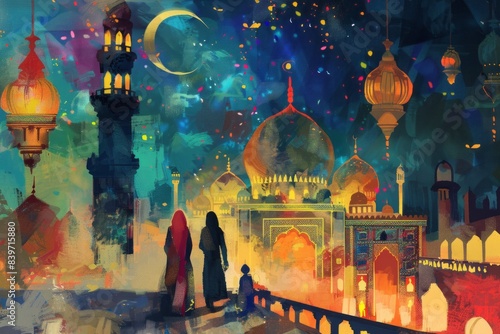 An art painting of the Islamic world with a mosque and a Muslim family