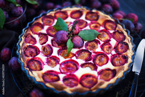 Fresh homemade plum tart or cake on dark background