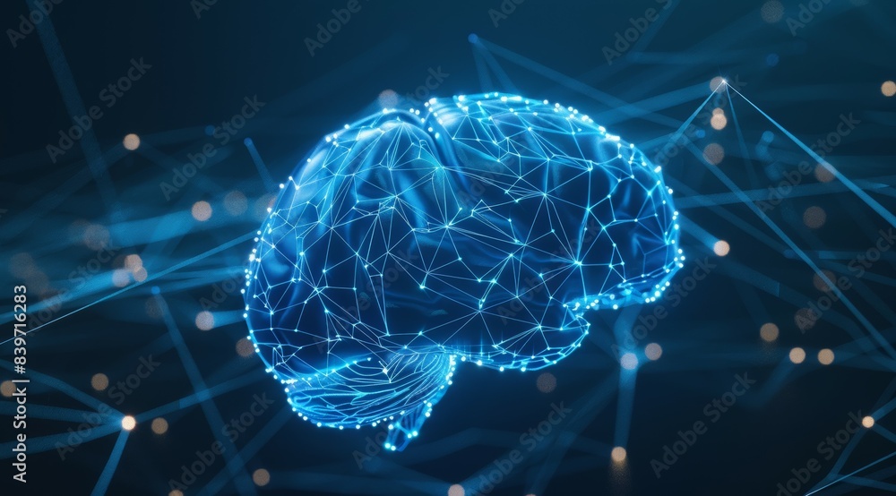 A brain is shown in a blue and white color scheme with a lot of lines A brain is shown in a blue and white color scheme with a lot of lines