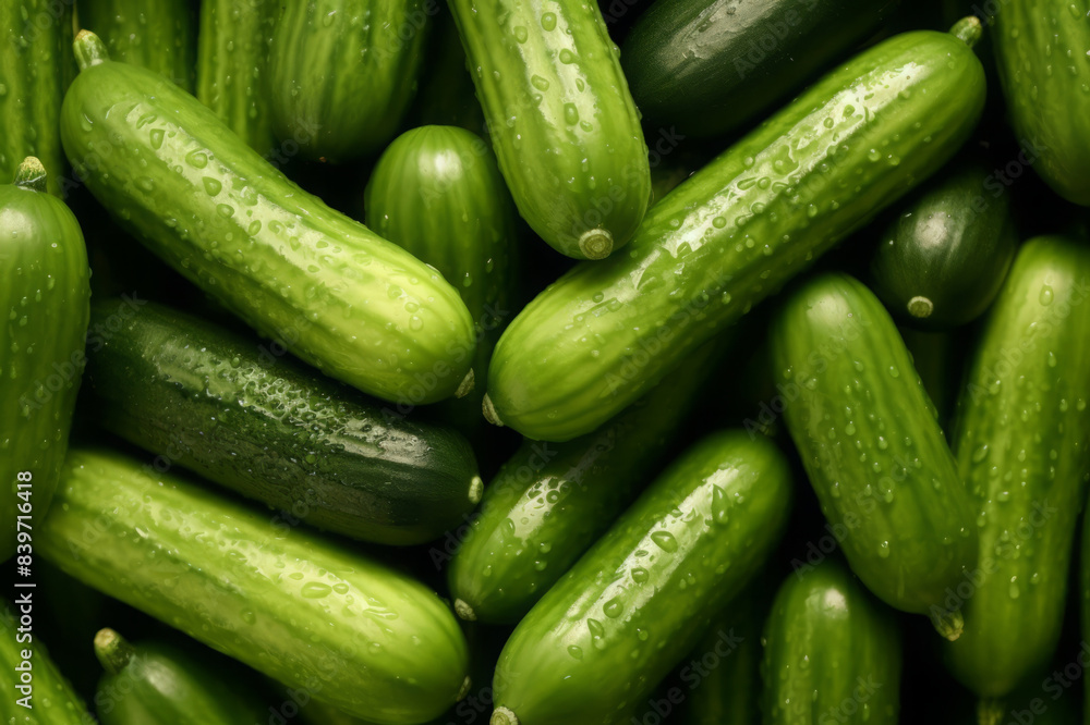 Close-up of fresh cucumbers with water drops, ideal for food and health themes Close-up of fresh cucumbers with water drops, ideal for food and health themes