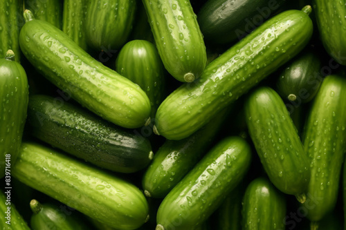 Close-up of fresh cucumbers with water drops, ideal for food and health themes