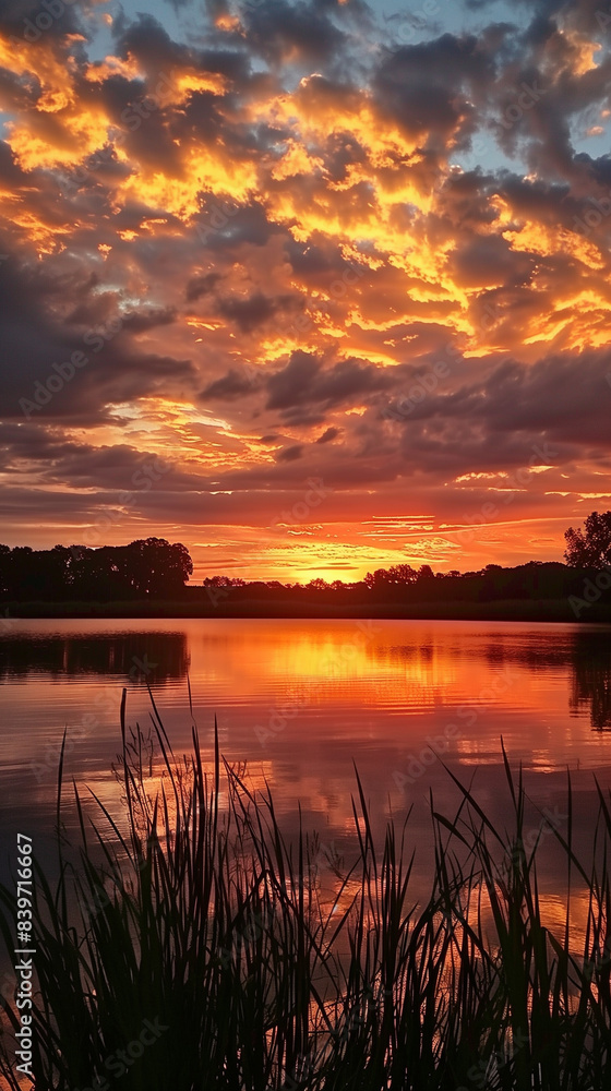 red sunset over the lake with orange clouds red sunset over the lake with orange clouds