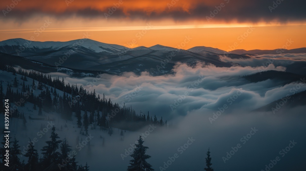 An ethereal landscape showing a sunset with orange hues casting over misty mountains surrounded by clouds and silhouettes of pine trees An ethereal landscape showing a sunset with orange hues casting over misty mountains surrounded by clouds and silhouettes of pine trees