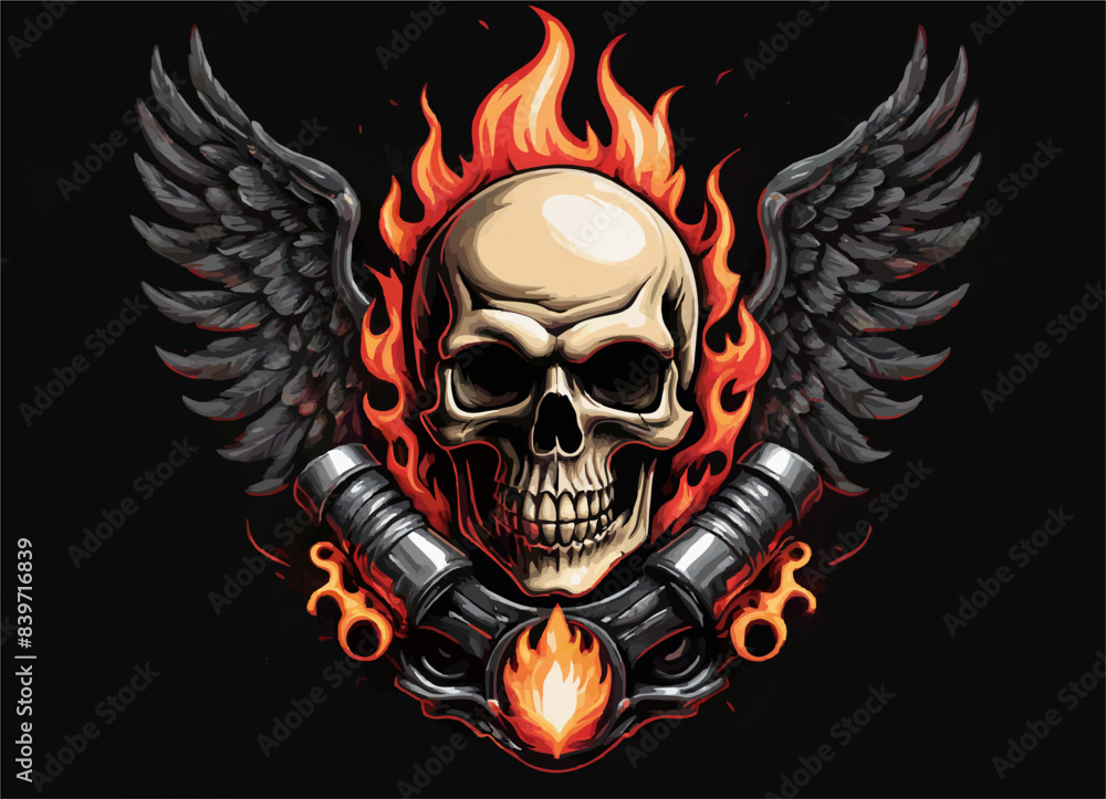 Fototapeta premium Biker vector t-shirt design with human skull, wings and fire on black background. Fashionable print for fabric, paper, men clothing, hoodie, biker jacket. T shirt template with flame.