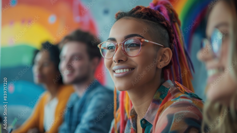 Smiling professional in a colorful office with a rainbow flag, showcasing LGBTQ pride, teamwork, inclusivity, and diversity, perfect for commercial use and collaborative environment Smiling professional in a colorful office with a rainbow flag, showcasing LGBTQ pride, teamwork, inclusivity, and diversity, perfect for commercial use and collaborative environment