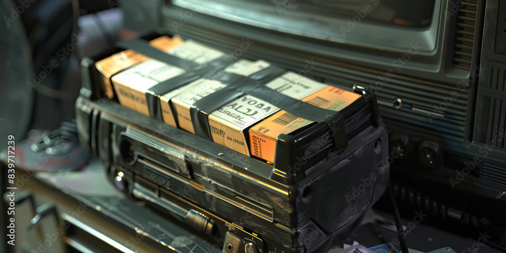 The Coded Carrier: A package of VHS tapes, labeled with a cryptic code, sitting on a dusty old TV. The Coded Carrier: A package of VHS tapes, labeled with a cryptic code, sitting on a dusty old TV.