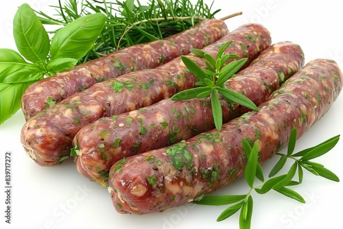 Fresh raw sausages with herbs on a wooden board, ready for cooking or grilling, showcasing quality meat