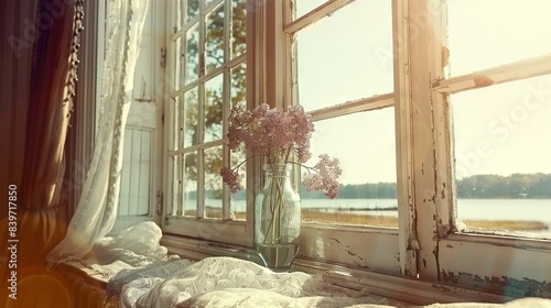   A window sill with a vase of flowers and a view of the water © Olga