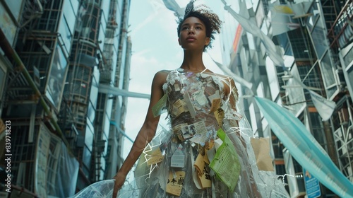 Innovative ecofashion featuring recycled materials, futuristic designs, and sustainable elegance in a stylish urban setting photo