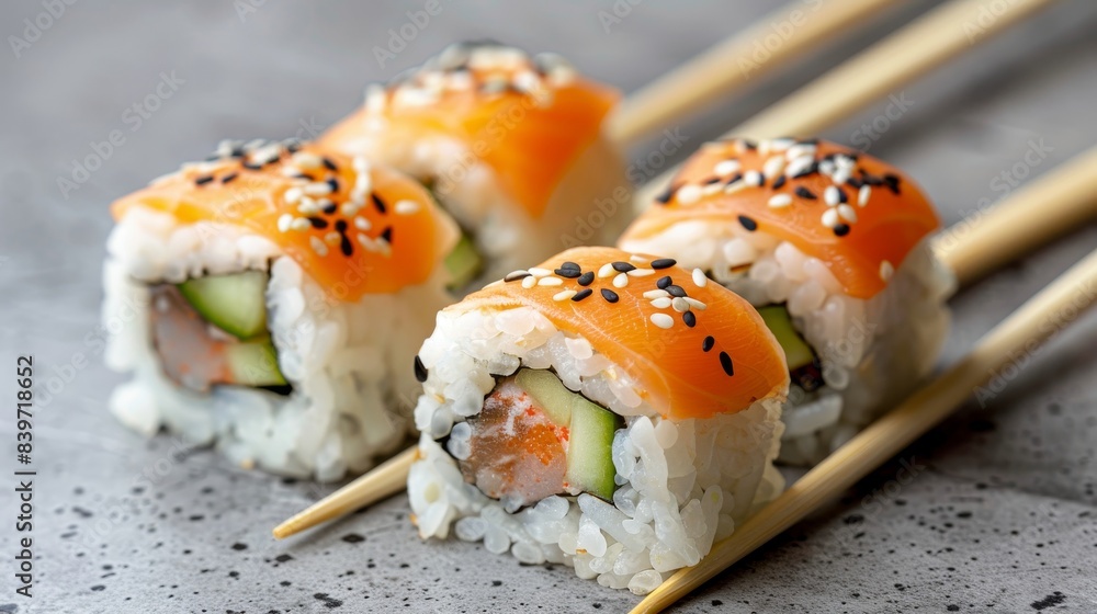 Close up of sushi and chopsticks on blurred background with ample space for text placement Close up of sushi and chopsticks on blurred background with ample space for text placement