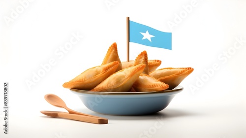 Photo of Delicious Argentine Empanadas with a Small Flag Toothpick on White Background photo