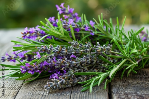 Fresh lavender and rosemary on a wooden table