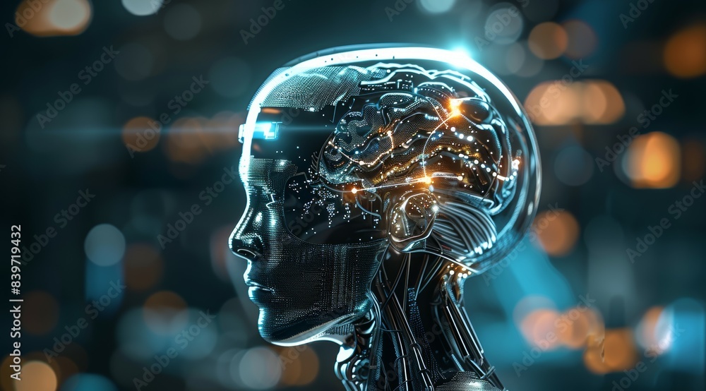 A woman's head is shown in a futuristic setting with a lot of lights A woman's head is shown in a futuristic setting with a lot of lights