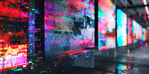 The Glitched Gallery: A digital art exhibition, featuring abstract images of data corruption and code errors on large monitors.