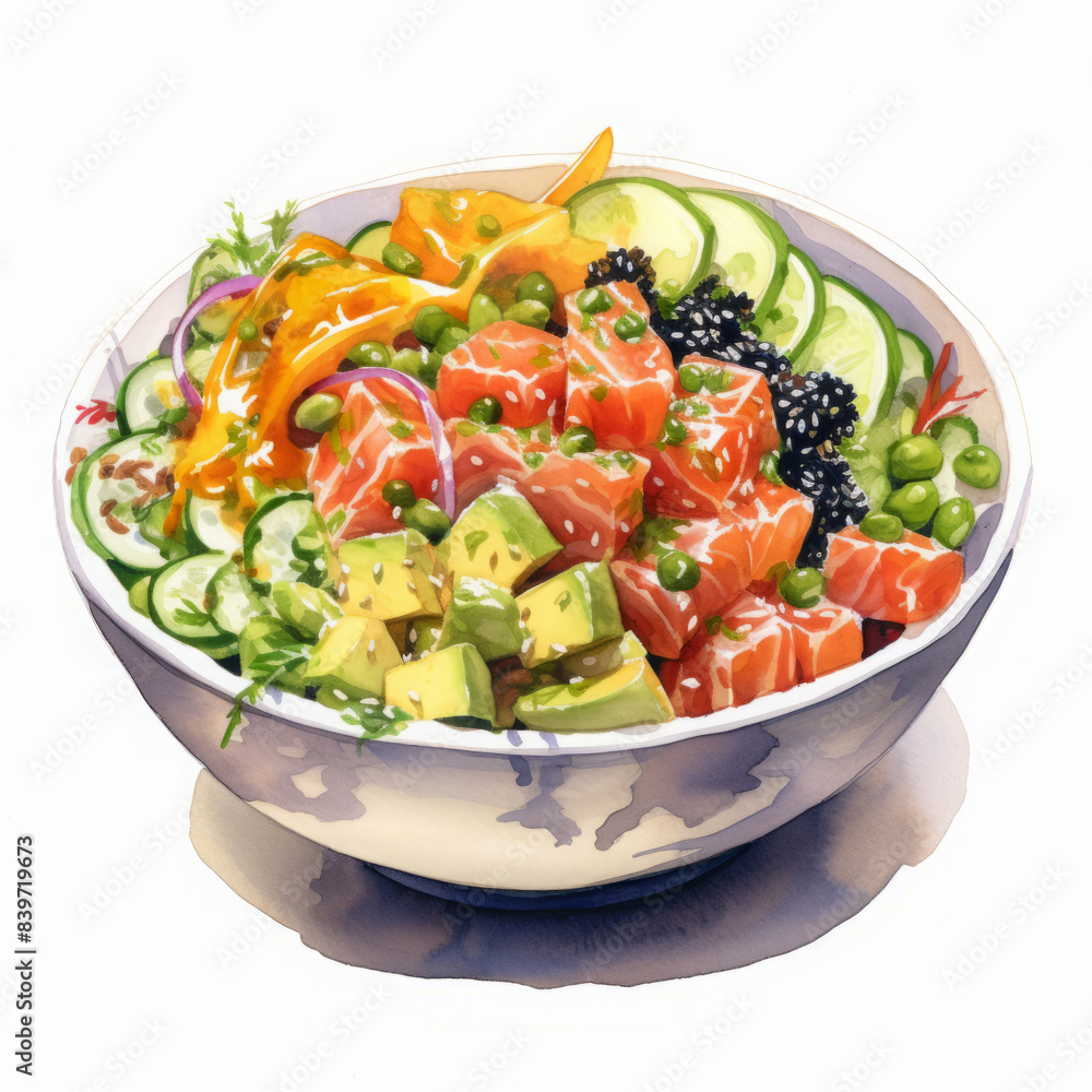 Fresh salmon poke bowl watercolor illustration Fresh salmon poke bowl watercolor illustration