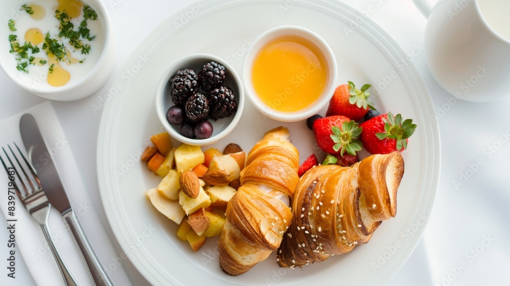 Gourmet Breakfast with Croissants, Fresh Fruit, Cheese, and Yogurt Gourmet Breakfast with Croissants, Fresh Fruit, Cheese, and Yogurt