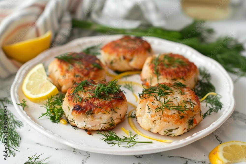 Freshly made fish patties with herbs and citrus on a plate Freshly made fish patties with herbs and citrus on a plate