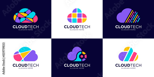 Set of colorful cloud tech logo design template.