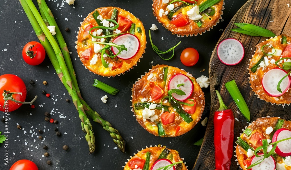Frittata muffins with tomato bell pepper feta asparagus radish green onion on top in flat lay Frittata muffins with tomato bell pepper feta asparagus radish green onion on top in flat lay