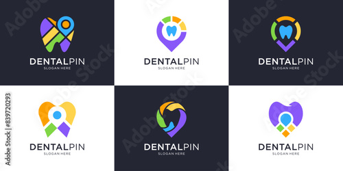 Dental care colorful logo collection. Abstract dentist pin location logo design.
