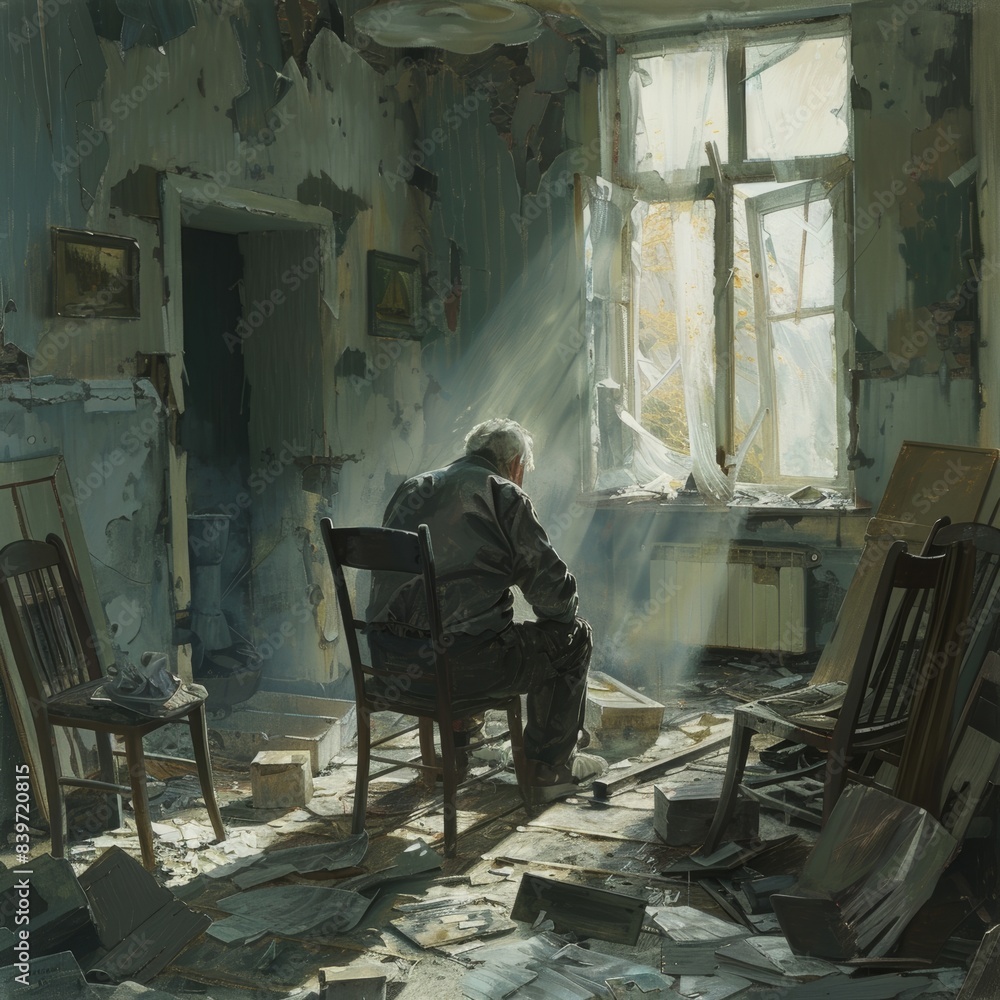 A Lonely Figure Sitting In A Sunlit Room Of A Crumbling Building A Lonely Figure Sitting In A Sunlit Room Of A Crumbling Building