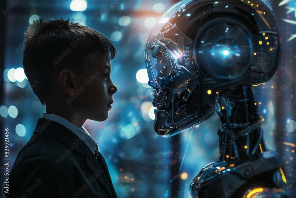 A boy is looking at a robot A boy is looking at a robot
