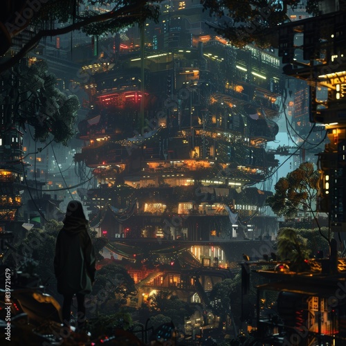 Urban landscape illuminated at night shows a futuristic city with towering buildings and a mysterious figure in the foreground photo