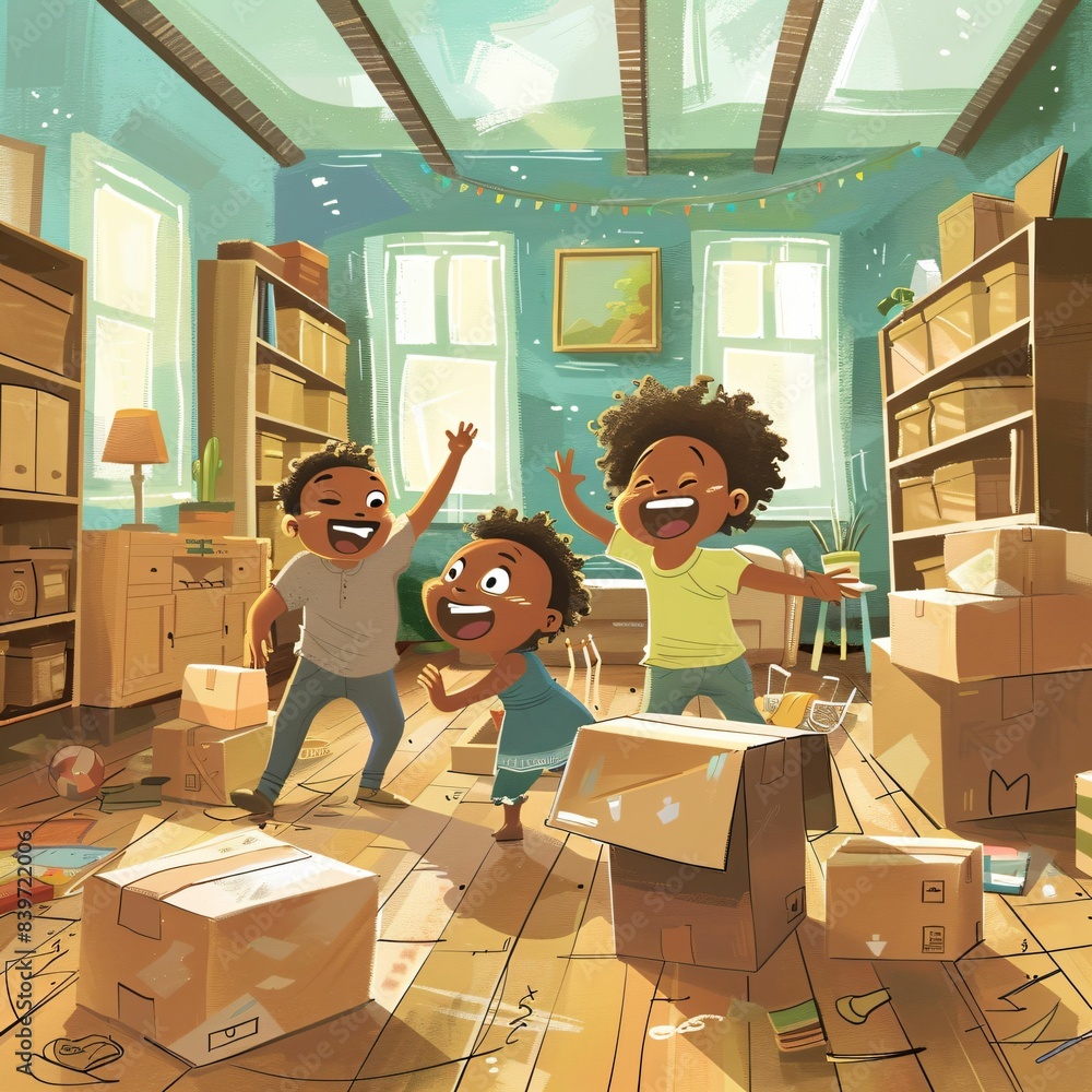 Happy Children Playing in a Room Filled with Cardboard Boxes Happy Children Playing in a Room Filled with Cardboard Boxes