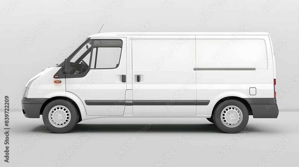 Clean blank white delivery van isolated, side view of plain car cargo carrier with transparent Background Clean blank white delivery van isolated, side view of plain car cargo carrier with transparent Background