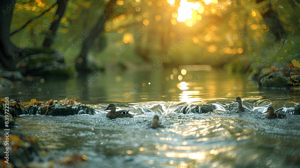 A vibrant nature brook landscape with a family of ducks swimming in the clear water A vibrant nature brook landscape with a family of ducks swimming in the clear water