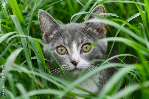 Wallpaper Mural Gray cat with white markings in grassy garden Torontodigital.ca