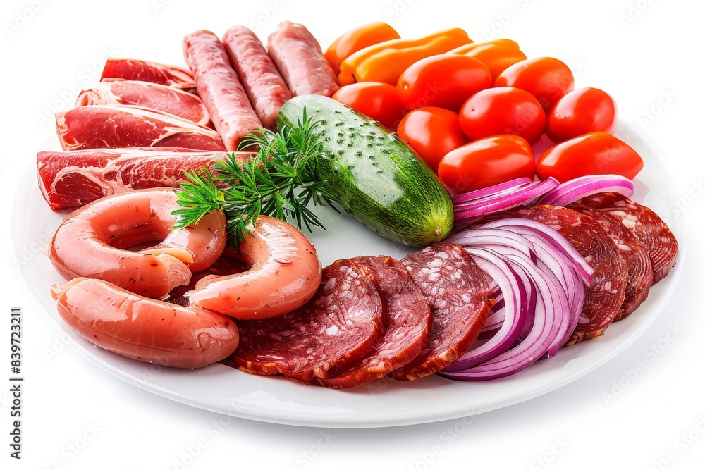 Assorted cold cuts and vegetables on a white platter, offering a fresh and colorful appetizer Assorted cold cuts and vegetables on a white platter, offering a fresh and colorful appetizer