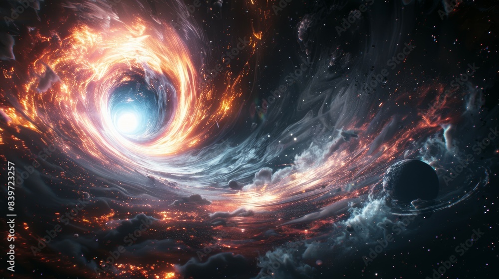 A black and orange space with a large hole in the middle A black and orange space with a large hole in the middle