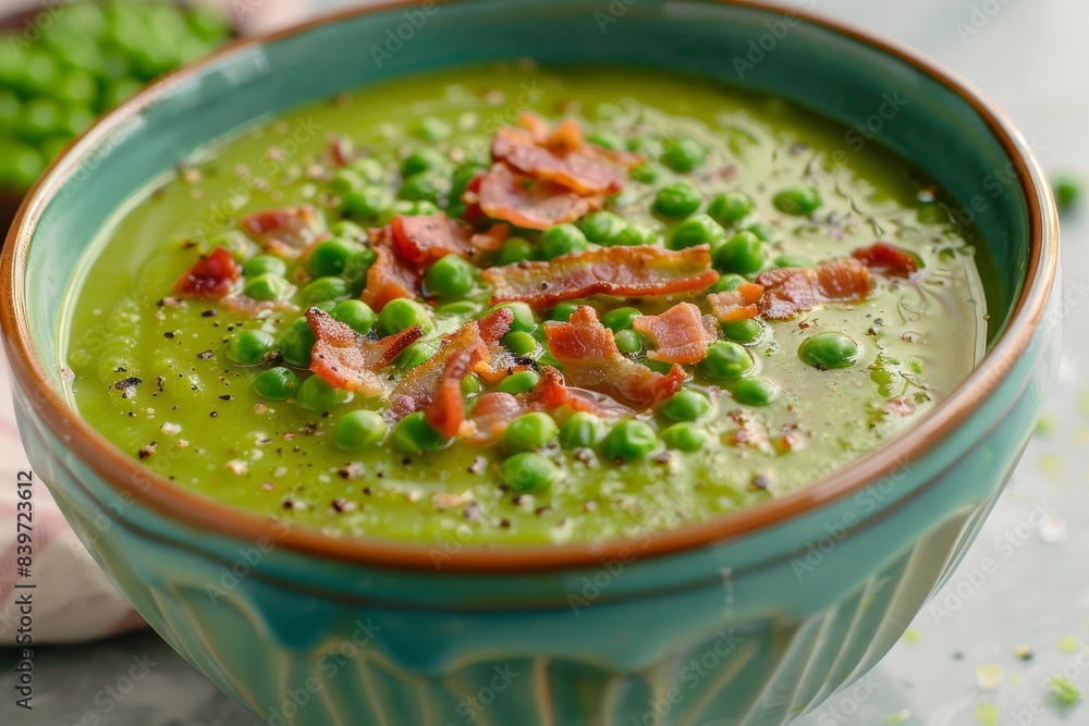Green pea and bacon soup in turquoise bowl on light grey surface close up shot Green pea and bacon soup in turquoise bowl on light grey surface close up shot