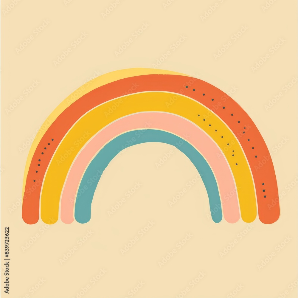 Obraz premium Simple flat illustration of a rainbow in pastel yellow, orange, pink and blue colors