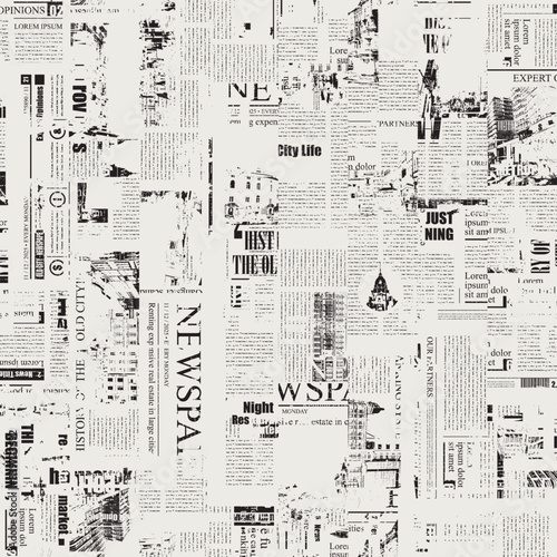seamless pattern with collage of newspaper or magazine clippings. Vector background in retro style with titles, illustrations and imitation of text. Suitable for wallpaper, wrapping paper, fabric