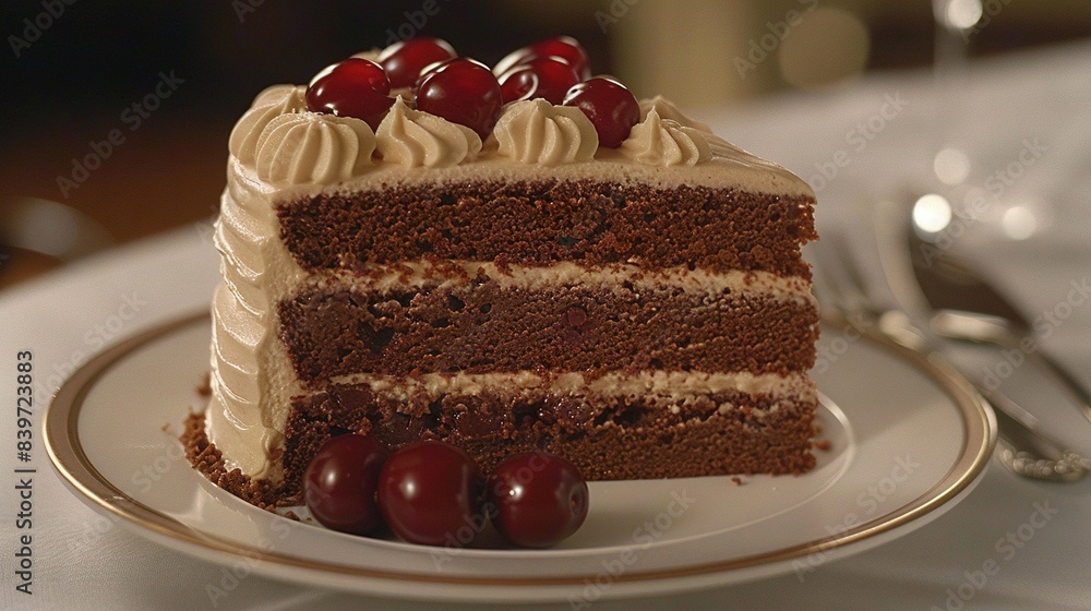 A chocolate cake slice with cherries on the plate and a fork nearby A chocolate cake slice with cherries on the plate and a fork nearby