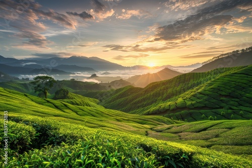 Green tea garden on a hill at sunset with beautiful landscape