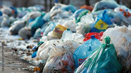 A pile of trash bags and plastic bags are on the ground