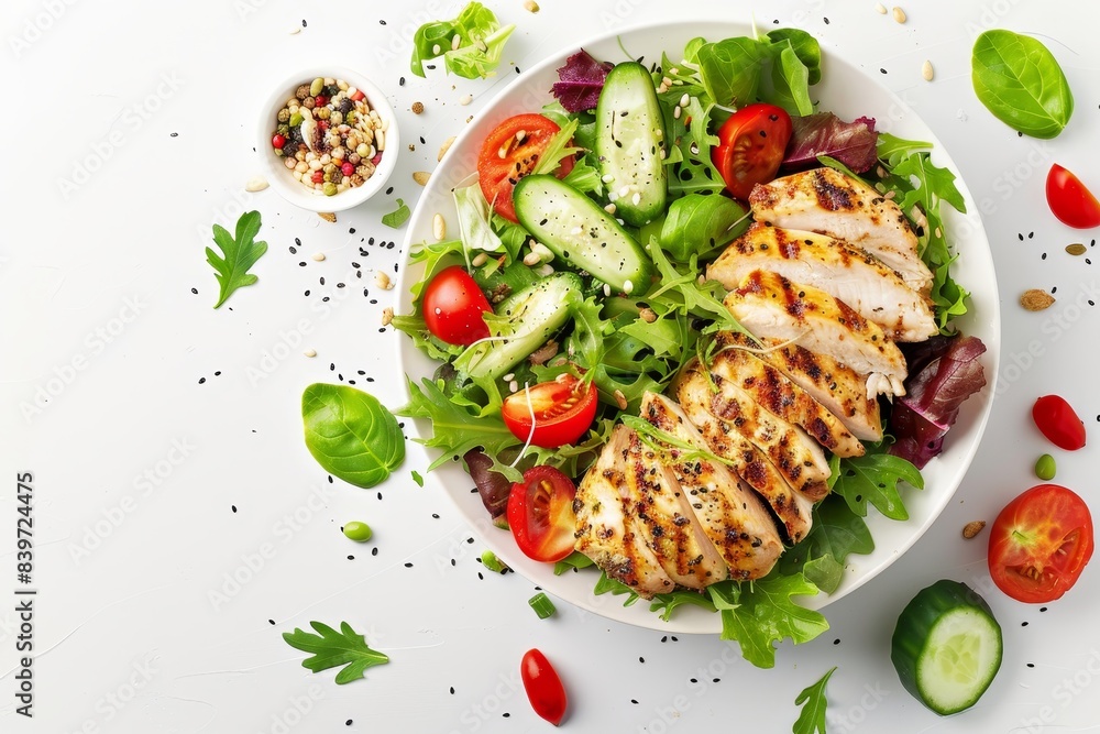 Grilled chicken with vegetable salad and seeds in a white bowl seen from above Promoting healthy food and keto diet Grilled chicken with vegetable salad and seeds in a white bowl seen from above Promoting healthy food and keto diet