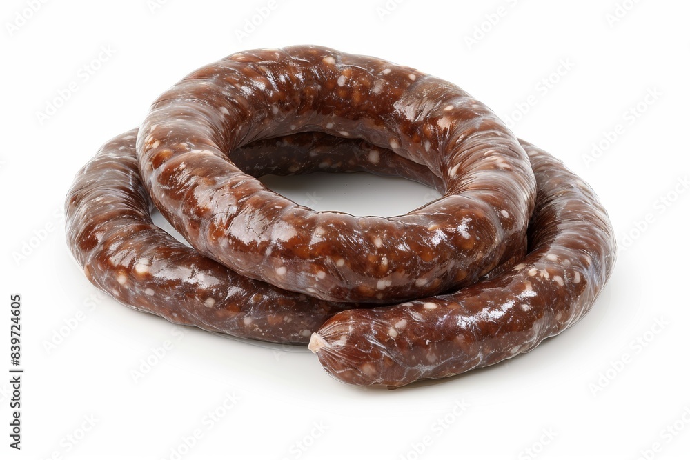 Coiled sausage on a white background, showcasing a hearty and flavorful barbecue item Coiled sausage on a white background, showcasing a hearty and flavorful barbecue item