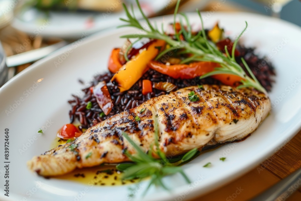 Grilled tilapia with black rice and sautéed veggies a tasty and nutritious meal Grilled tilapia with black rice and sautéed veggies a tasty and nutritious meal