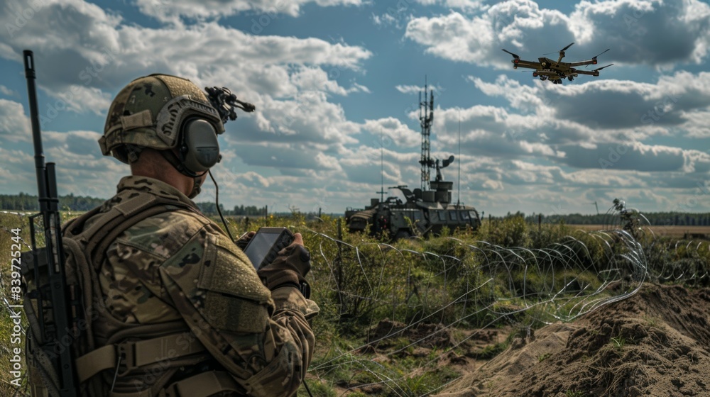 A soldier is looking at a tablet while a drone flies overhead, profession military drone operator