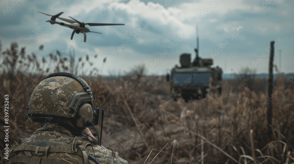 A man in camouflage gear is watching a helicopter fly over a field, profession military drone operator A man in camouflage gear is watching a helicopter fly over a field, profession military drone operator